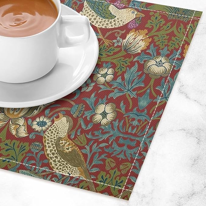 William Morris Floral Placemats Set of 6, Vintage Flower Strawberry Birds Red Place Mats, Heat Resistant Non Slip Cotton Linen Dining Table Mats for Home Kitchen Party 18x12 Inch