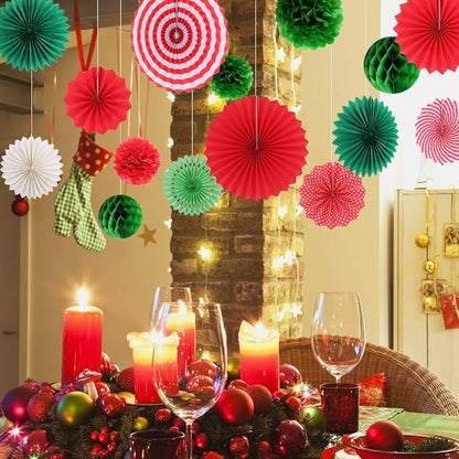 Hanging Party Decorations Set Tissue Paper Fan Paper Pom Poms Flowers and Honeycomb Ball for Christmas Wedding Engagement Graduation Party Decor Green Red Kit