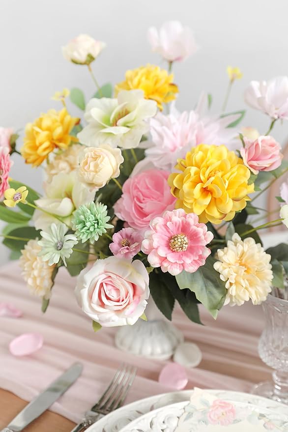 Fake Flowers Heads Bulk Pink Green Mini Artificial Silk Flower for Crafts, Small Artificial Daisy Roses Faux Flowers for Graduation Cap DIY Cake Wedding Party Home Garland Decoration