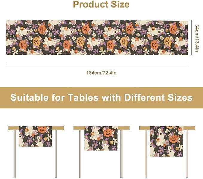 Halloween Table Runner ,Cute Ghost Pumpkin Pattern Table Runner for Home Kitchen Table Dining Garden Farmhouse Wedding Party Decor 13x120 Inch