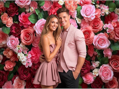 7x5FT Romantic Rose Flower Wall Backdrop Red Pink Floral Background for Wedding Birthday Anniversary Valentine's Day Party Decoration, Photo Booth Banner for Couple Engagement Event Decor 101