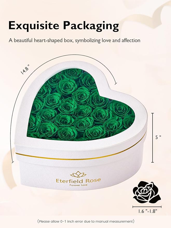 Eterfield 27 Forever Flowers in Heart Shape Box, Preserved Roses That Last a Year Preserved Flowers Birthday Gifts for Her Mom Women Wife Anniversary Valentines Day Mothers Day Christmas, Green