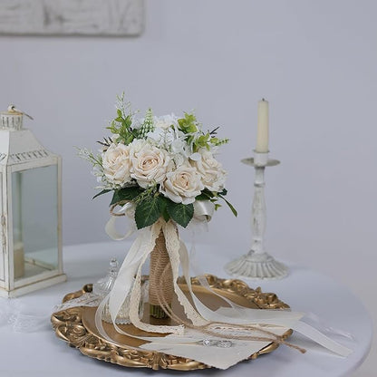 Wedding Bouquets Large for Bride Bridesmaid,White Champagne Artificial Roses Flowers for Wedding Church Decoration (9.5in)