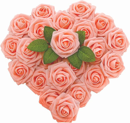 [25PCS] Pink Roses Artificial Flowers with Long Stem Real Touch Ivory Fake Foam Roses for Decoration DIY Wedding Bouquets Centerpieces Bridal Shower Flower Arrangements Home Decor