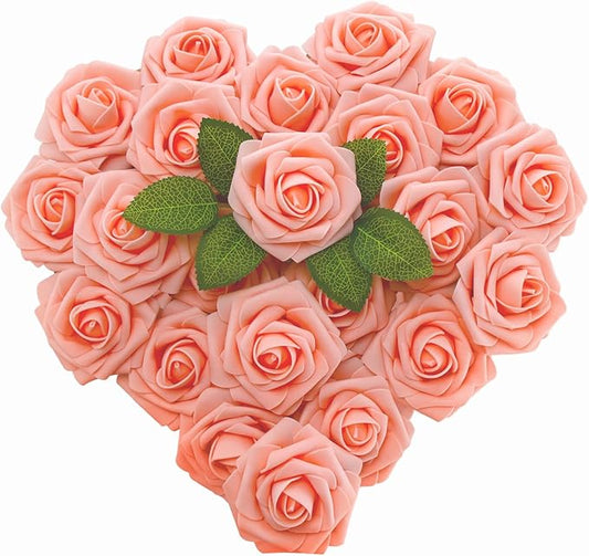[25PCS] Pink Roses Artificial Flowers with Long Stem Real Touch Ivory Fake Foam Roses for Decoration DIY Wedding Bouquets Centerpieces Bridal Shower Flower Arrangements Home Decor