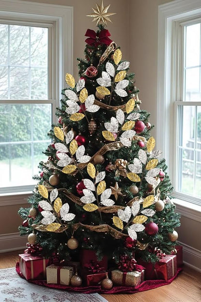 23.6” Christmas Tree Picks and Sprays 3Pcs Silver and Gold Artificial Magnolia Stems Magnolia Leaves Branches Fake Silver Leaf Floral for Vase DIY Xmas Tree Garland Wreath Centerpieces Wedding Decor