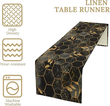 Black Grey Marble Table Runner Marble Hexagon Texture Golden Leaves Abstract Seasonal Dinner Runner Table Decoration for Farmhouse Home Kitchen Dining Holiday Party 13x90in