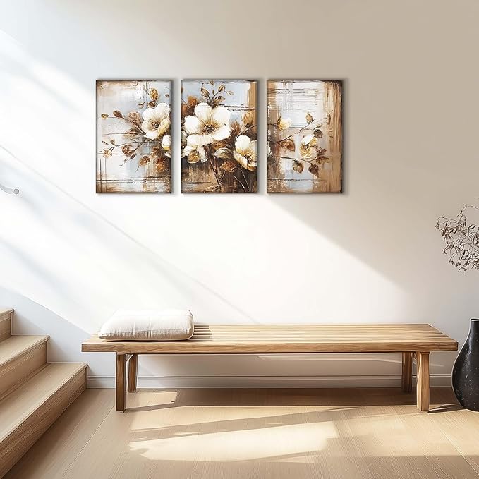 YCJKJDZ Dark Floral Wrapped Canvas Wall Art Set of 3, Neutral Fall Plant Bohemian Vintage Moody Flower Wall Decor Artwork for Farmhouse Bedroom Living Room Office, 16x24 inches