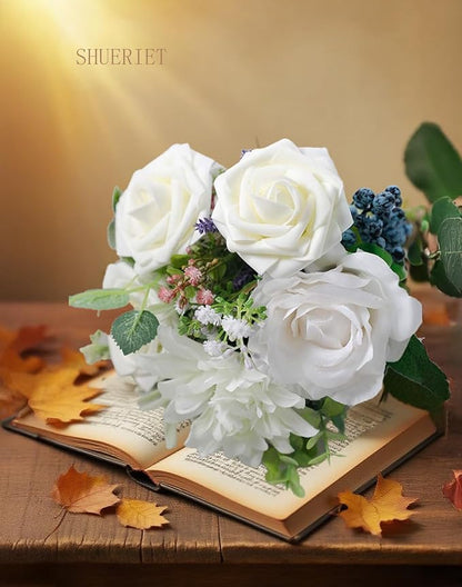 Ivory White Artificial Roses 25pcs, Real Looking Fake Foam Flowers with Stems for DIY Wedding Bridal Bouquets, Centerpieces, Party, Baby Shower, Christmas Decor