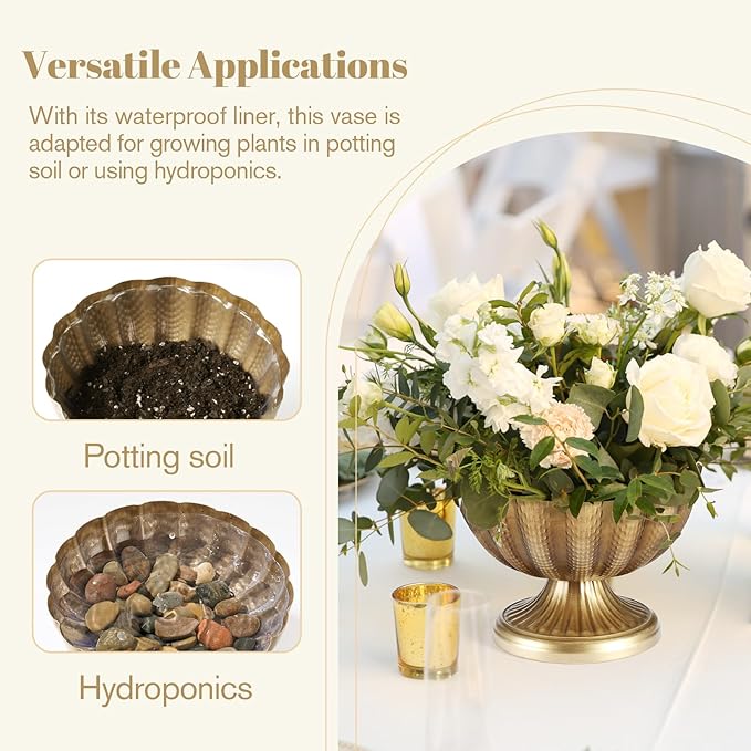 Set of 4, 9'' Wide 6.5'' High Distressed Gold Compote Pedestal Vases, Antique Metal Large Gold Compote Bowl Vase for Centerpieces with Waterproof Liner