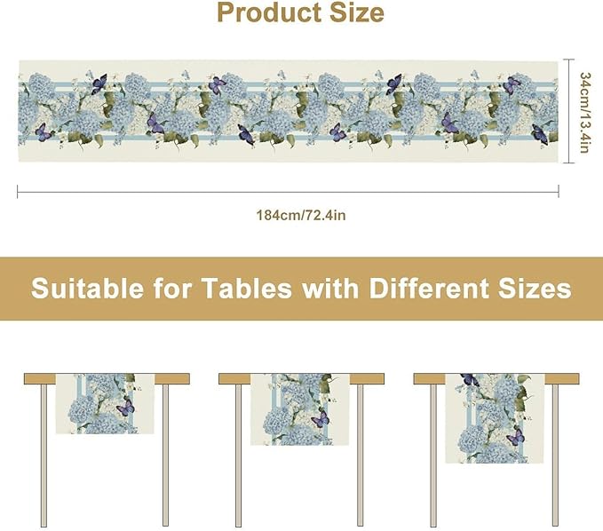 Blue Floral Table Runner, Spring Summer Watercolor Hydrangea Flower Butterfly Country Farmhouse Coffee Table Center Decor for Home Kitchen Dining Patio Holiday Party Table Decorations 13x108 inches