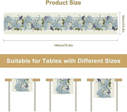 Blue Floral Table Runner, Spring Summer Watercolor Hydrangea Flower Butterfly Country Farmhouse Coffee Table Center Decor for Home Kitchen Dining Patio Holiday Party Table Decorations 13x90 inches