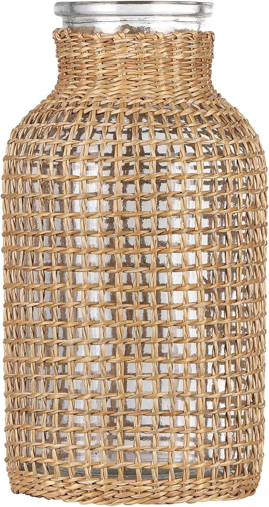 WHJY Boho Glass Vase, Rattan Vase, Farmhouse Rattan Décor, Round Flower Vase Basket Vase for Floral Arrangements -8 inch