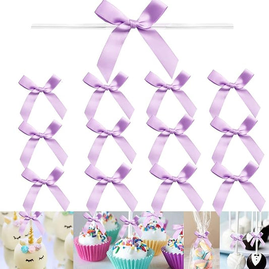 100 PCS 3 Inch Twist Bows for Treat Bags, Satin Twist Tie Bows, Pre Tied Bows with Wire, Ribbon Bows with Twist Ties for Gift Bags, Popcorn Bags, Cookie Bags, Party Favors(Light Purple)