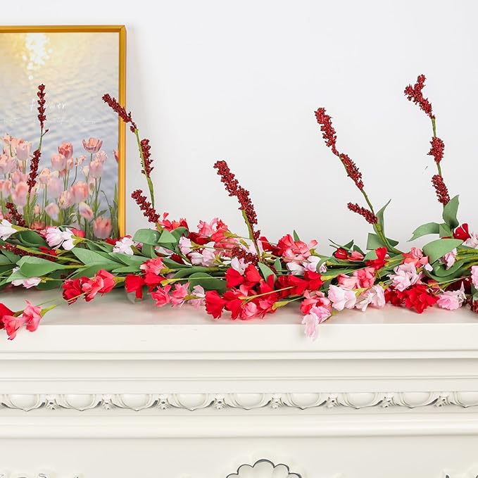 Artgar Flower Garland 6Ft Spring/Summer Garland Floral Garlands for Mantle All Year Round Paper Garlands Decor for Indoor Outdoor Home Wedding Arch Porch Staircase Backdrop Year Round Decor (Red Pink)