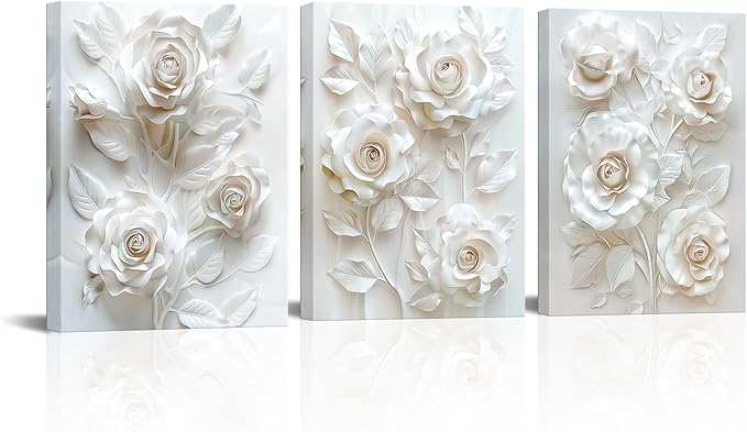 Sepwrol White Flower Canvas Wall Art, Modern Abstract Rose Blooming Floral Textured Printing Artwork for Home Bedroom Living Room Wall Decor, 12"x16" 3 Panel
