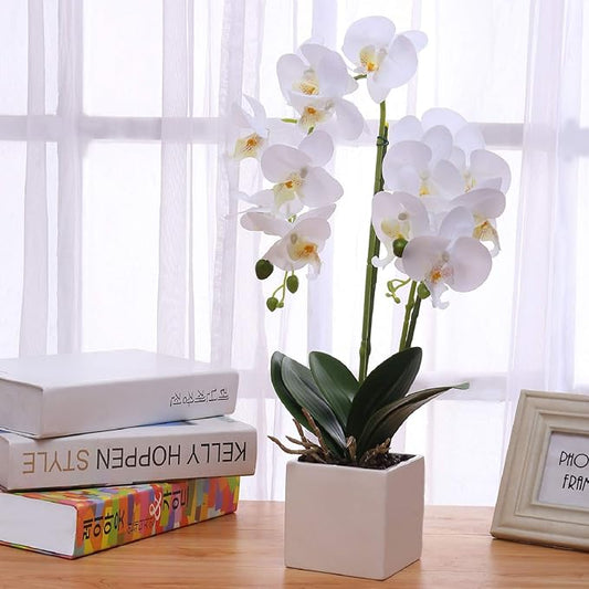 Orchids Artificial Fake Flowers with Vase for Table Centerpieces, Fake Orchids in Pots Orquideas Real Touch Flowers Large Vivid Faux Phalaenopsis White Orchid Plant Indoor Room Decoration