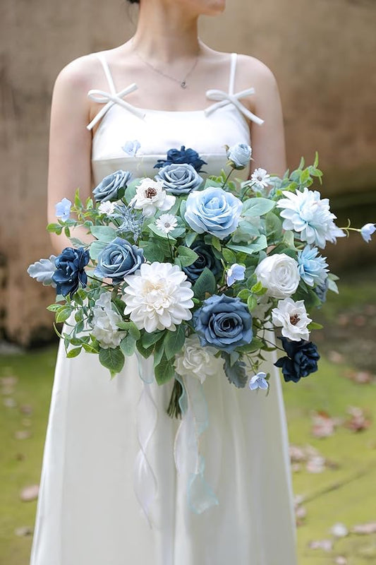 Blue Artificial Flowers Combo Box Set Silk Flowers Fake Rose for DIY Floral Arrangements Wedding Bouquets Centerpieces Baby Shower Party Home Decorations