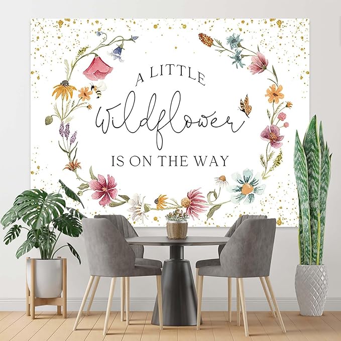 Wildflower Baby Shower Backdrop for Girl Watercolor Wild Floral Butterfly Photography Background Garden Wildflower Baby Shower Cake Table Banner Photoshoot Props (8x6ft)