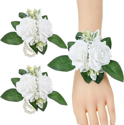 Meldel White Wrist Corsage for Prom, Set of 2, Iovry Wrist Flower for Bride Bridal Bridesmaid Mother Rustic Fall Wedding Party, Rose Hand Flower for Girl Homecoming Ceremony