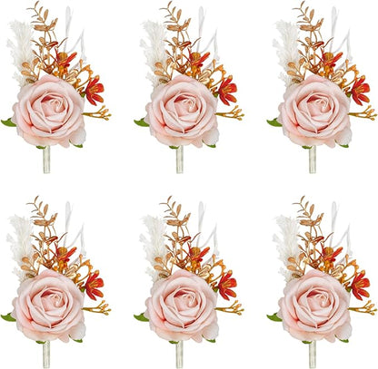 Meldel Pink Velvet Rose Boutonniere for Men,Set of 6,Groom and Best Man Boutonnieres with Artificial Flower,for Wedding Ceremony Anniversary, Formal Dinner Party, Fall Vintage Rustic Marriage Prom