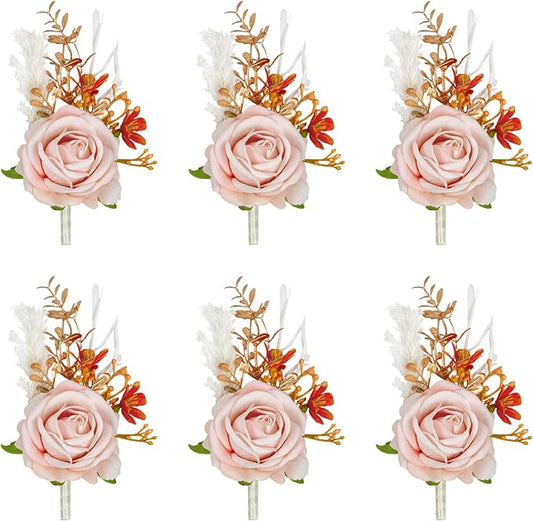 Meldel Pink Velvet Rose Boutonniere for Men,Set of 6,Groom and Best Man Boutonnieres with Artificial Flower,for Wedding Ceremony Anniversary, Formal Dinner Party, Fall Vintage Rustic Marriage Prom