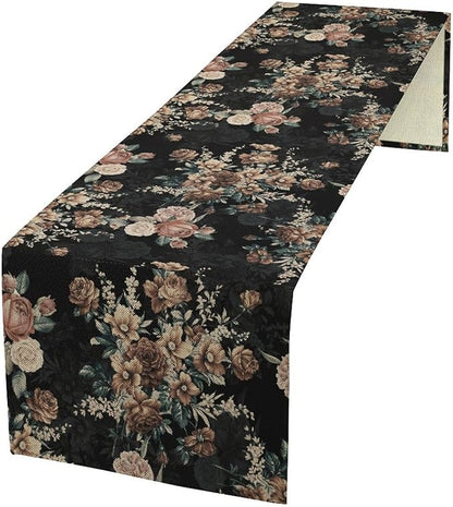 Dark Floral Table Runner, Orange Blossoming Flower Bunch Rose Gothic Black Wildflowers Table Runner for Farmhouse Kitchen Dining Table Decor, 13x120inch