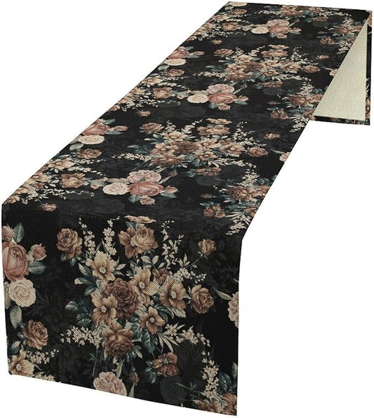 Dark Floral Table Runner, Orange Blossoming Flower Bunch Rose Gothic Black Wildflowers Table Runner for Farmhouse Kitchen Dining Table Decor, 13x120inch