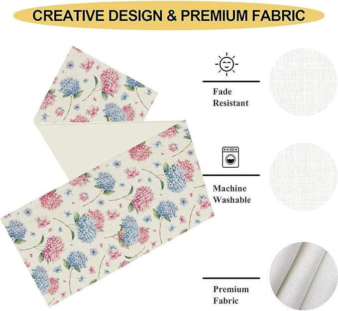 Hydrangea Table Runner, Spring Summer Watercolor Blue Floral Seasonal Country Farmhouse Coffee Table Center Decor for Home Kitchen Dining Patio Holiday Party Table Decorations 13x90 inches