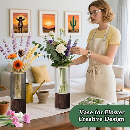 Ribbed Glass Vase Set of 2 Vases for Flowers,10" H Wood Glass Vase with Solid Wooden Base,Rustic Flower Vase for Home Decor,Living Room,Bedroom,Kitchen,Dining Table,Fireplace,Office(Gray & Clear)