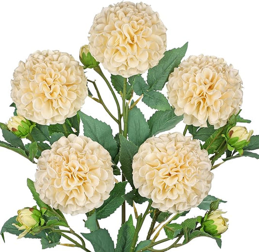 Hollyone 5PCS Dahlia Artificial Flowers 24.8" White Fake Ball Dahlias Silk Flowers Faux Roses Flower with Long Stems for DIY Wedding Bouquets Table Centerpieces Arrangements Bridal Party Home Decor