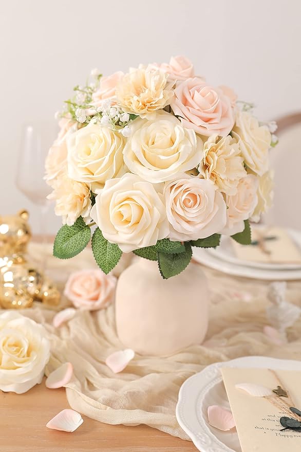 YYHUAWU Champagne Artificial Flowers Box Set Gradient Color Foam and Silk Fake Flowers with Stems for DIY Wedding Bridesmaid Bridal Bouquets Centerpieces Party Home Decoration