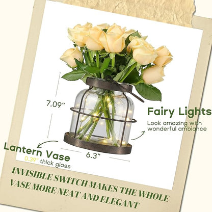 Vintage Farmhouse Lantern Decor with Hidden Switch Lid, LED Lighted Rustic Glass Vase for Floral Arrangements, Table Centerpiece Vintage Farmhouse Flower Vase-Metal Cage