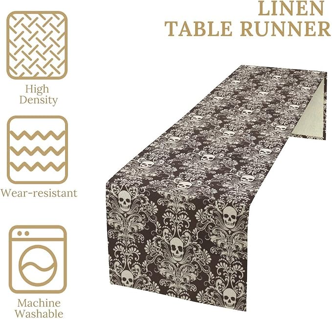 Gothic Table Runner,Damask Skull Victorian Black Floral Boho Table Runner for Home Kitchen Table Dining Garden Farmhouse Wedding Party Decor 13x60 Inch