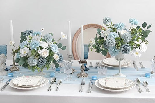 Artificial Flowers Combo Box Set Gradient Color Flower Leaf with Stems for DIY Wedding Bouquets Centerpieces Baby Shower Party Home Decorations(Dusty Blue)
