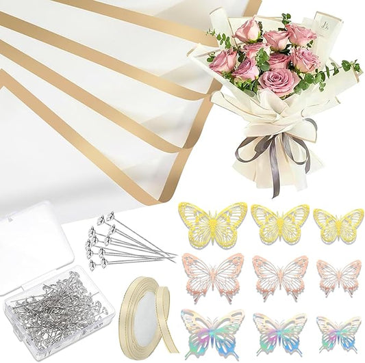 YOUlDIANZI Bouquet Wrapping Paper Kit - 20 Sheets Waterproof Floral Paper in Black, Pink, Beige With Ribbons, Flower Pins, 3D Butterflies for Florist Wrap