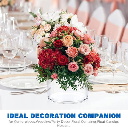 Flower Clear Plastic Vase Centerpiece for Home, Wedding Party, Clear Cylinder Wide Vase for Flowers, Decorative Wide Mouth Vase for Decor, Centerpieces, 6” × 6" Opening Round (Not Glass)