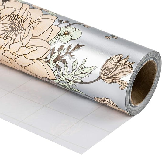 WRAPAHOLIC 30 Inch Floral Wrapping Paper - 30 Inch X 33 Feet - Pearlized Silver Vintage Floral Wedding Wrapping Paper for Birthday, Bridal Shower, Baby Shower