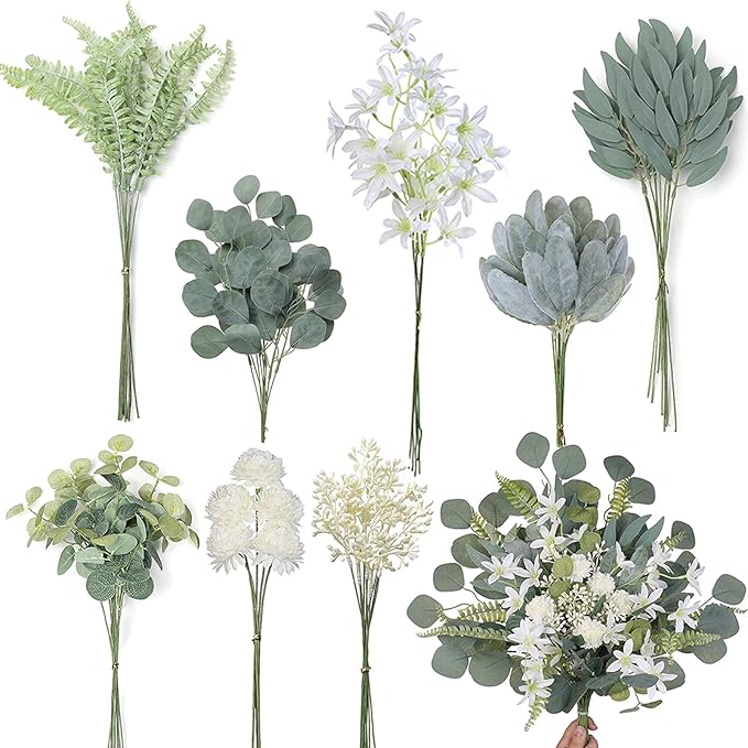 VIERENA Artificial Greenery Stems Box Set(Pack of 65pcs) with 8 Kinds of Faux Plants and Fake Flowers for DIY Wedding Bouquet Table Centerpieces and Floral Arrangement (Beige&Dusty Green)