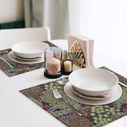 William Morris Flower Placemats Set of 6, Vintage Boho Floral Tree Plant Deers Woodland Animals Place Mats, Heat Resistant Non Slip Cotton Linen Dining Table Mats for Home Kitchen Party 18x12 Inch 1PC