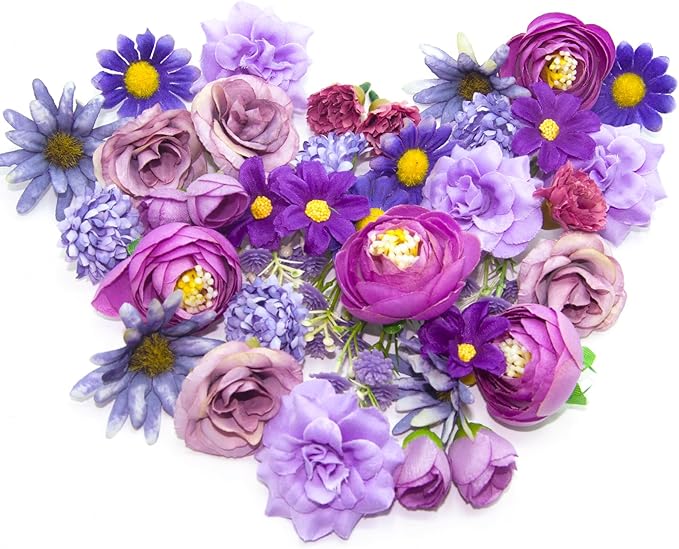 Featuman Artificial Flower Heads Bulk, Purple Fake Flowers Faux Daisy Fabric Flowers for Craft, 40 Pcs Mini Silk Flower Heads Artificial Daisies Fabric Flowers Heads for Wedding Hair Cap