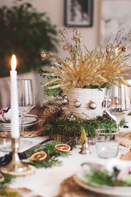 Artificial Gold Ferns Christmas Spray Fake Leave Flower Plant 4 Pcs Faux Floral Boho Decor for Thanksgiving Christmas Wedding Party Bouquet Home Farmhouse Vase Centerpieces