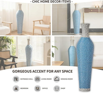39-Inch Tall Vintage Floor Vase - Premium PVC Rattan Weave, Large Blue and White Striped Standing Vase, Flower Holder for Home Decor (Blue)