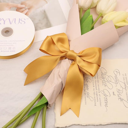 Old Gold Satin Ribbon, Double Faced 1-1/2 Inch X 50 Yards Old Gold Ribbon, Premium Satin Ribbon for Gift Wrapping, Crafts, Hair Bow Making, Sewing, Flower Bouquet, Wedding Party Decor