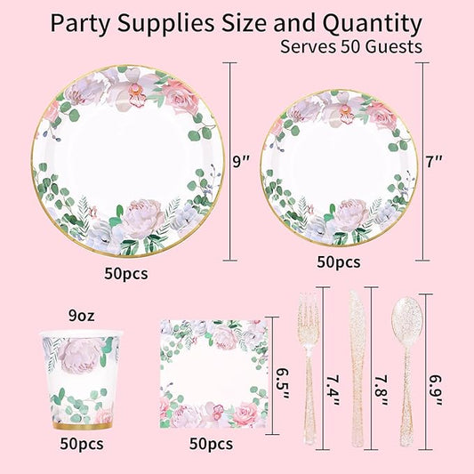 350 PCS Floral Plates and Napkins Party Supplies Serve 50 Flower Disposable Paper Dinnerware Sets for Adults Bridal Shower Decorations Baby Shower Birthday Wedding Engagement Tea