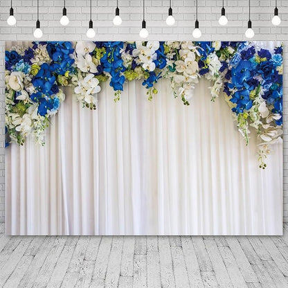 7x5ft White Wedding Backdrop White Blue Floral Flowers Photography Background Bride Groom Ceremony Party Bridal Shower Banner Decorations Engagement Proposal Portrait Photo Booth Prop