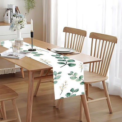Eucalyptus Table Runner with White Berries – 13x72 Inch Greenery-Inspired Linen-Look Fabric, Rustic Farmhouse Table Decor for Dining Room, Kitchen, Wedding, Spring & Everyday Use