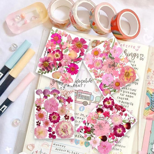 148PCS Pink Dried Pressed Flowers with Butterfly Stickers - YouthBro Real Nature Flowers Craft Set for Resin Jewelry Candle Soap Vase Making Nail Card Scrapbook Art Floral Decors