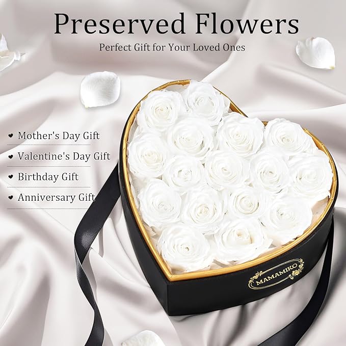 16 Preserved Roses in Heart Shape Gift Box for Her - Forever Flowers for Delivery, Eternal Rose Mothers Gifts for Mom, Wife Anniversary Birthday Gifts for Women, White