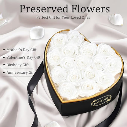 16 Preserved Roses in Heart Shape Gift Box for Her - Forever Flowers for Delivery, Eternal Rose Mothers Gifts for Mom, Wife Anniversary Birthday Gifts for Women, White